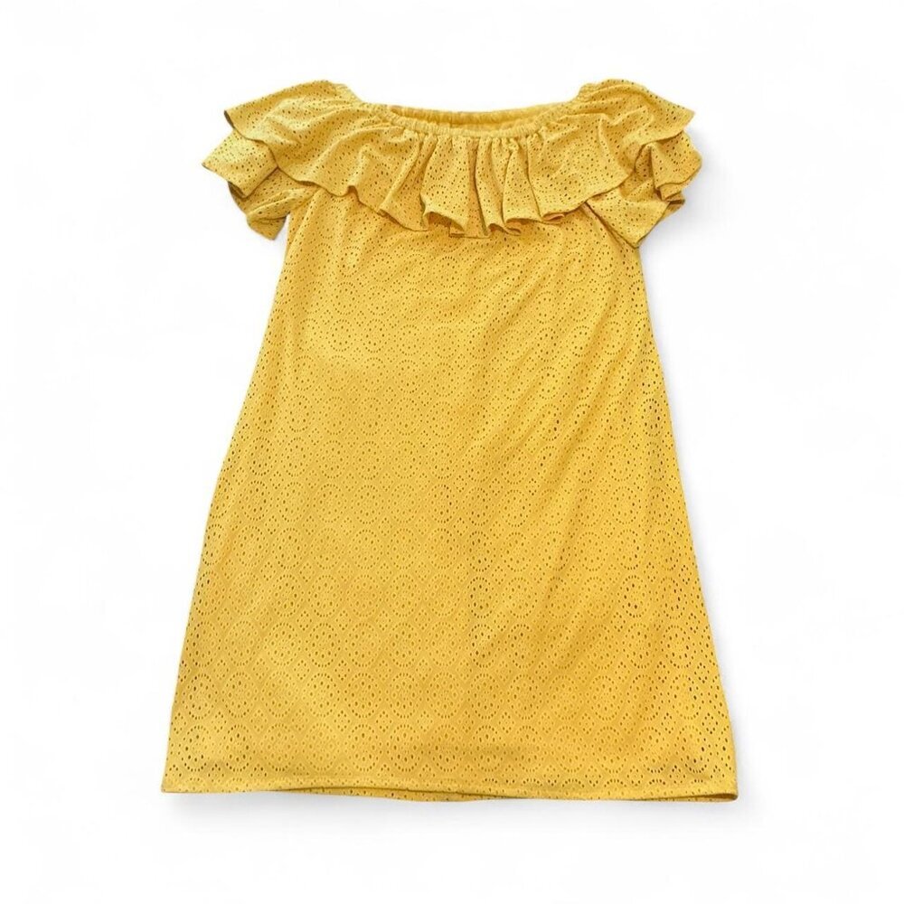 Yellow Eyelet Off The Shoulder‎ Ruffle Cottagecore Derby Shift Dress Size 6